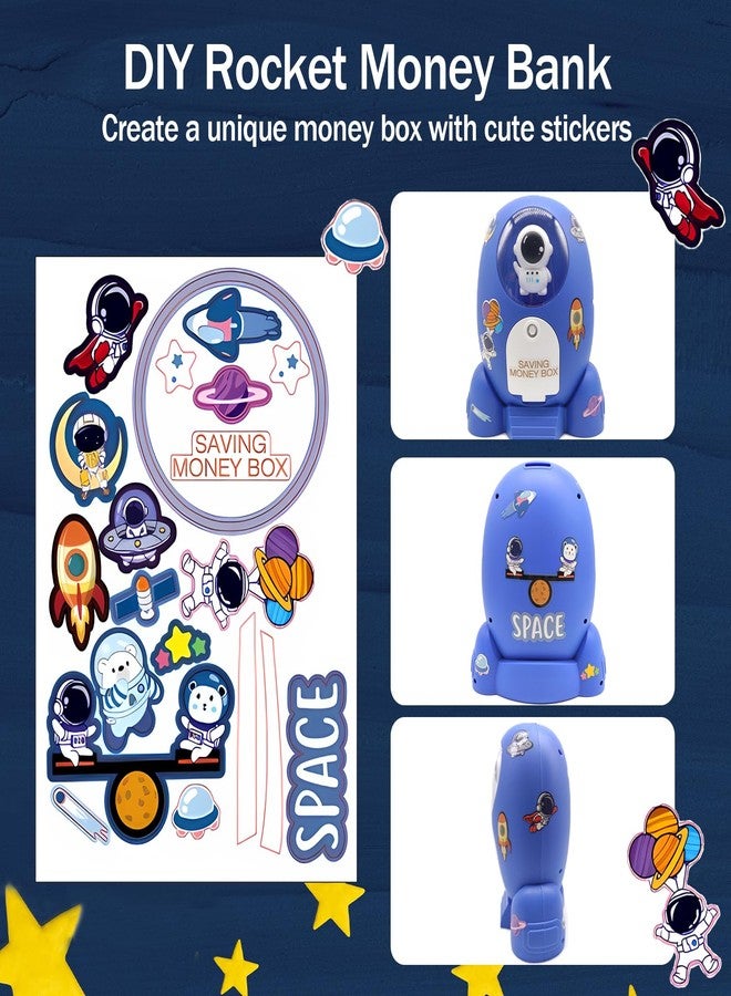 Trez Treamer Rocket Ship Piggy Bank for Boys Money Safe Astronaut Piggy Banks for Kids Cash Coin Can ATM Bank Coin Money Bank for Kids with Key Astronaut Sticker Practical Gifts for Children Boys and Girls (Blue) - Image 4